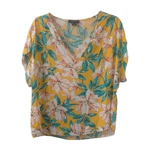 Boxy Small Hawaiian Floral Blouse Top Bright V-Neck Shortsleeved Lightweight